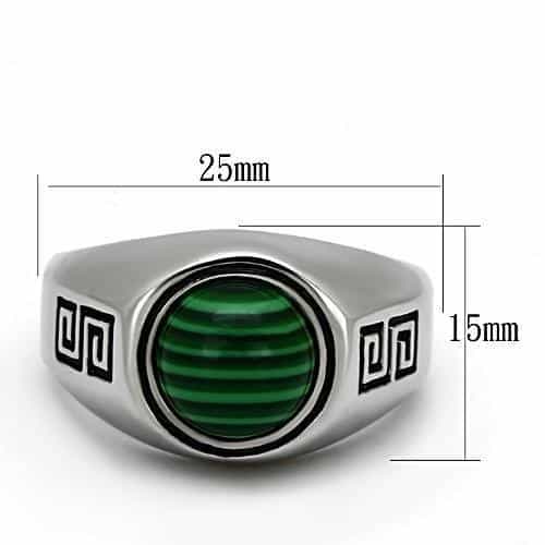 Stainless Steel Malachite Round Greek Key Mens Signet Ring view 2