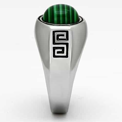 Stainless Steel Malachite Round Greek Key Mens Signet Ring view 8