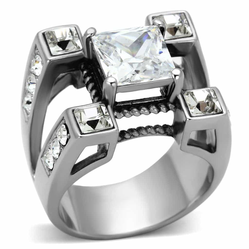 Stainless Steel CZ Princess Architectural Statement Ring view 1