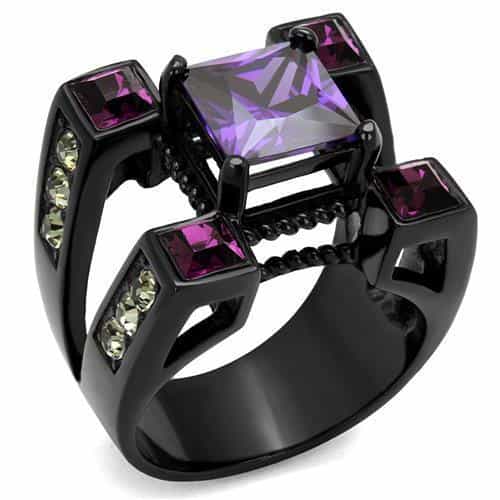 Stainless Steel Black Purple Princess Fuchsia Baguette Ring view 1