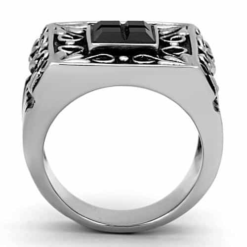 Stainless Steel Black Onyx Four Princess Filigree Mens Ring view 7