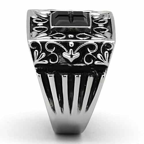 Stainless Steel Black Onyx Four Princess Filigree Mens Ring view 8