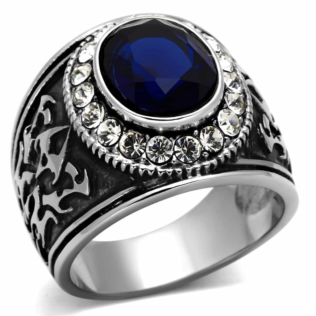 Stainless Steel Blue Sapphire Oval CZ Halo Antiqued Mens Ring view 5