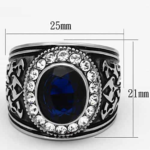 Stainless Steel Blue Sapphire Oval CZ Halo Antiqued Mens Ring view 2