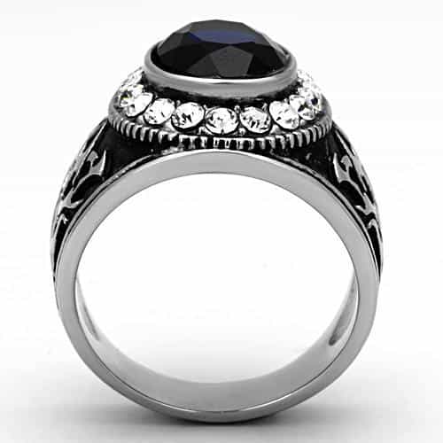 Stainless Steel Blue Sapphire Oval CZ Halo Antiqued Mens Ring view 3