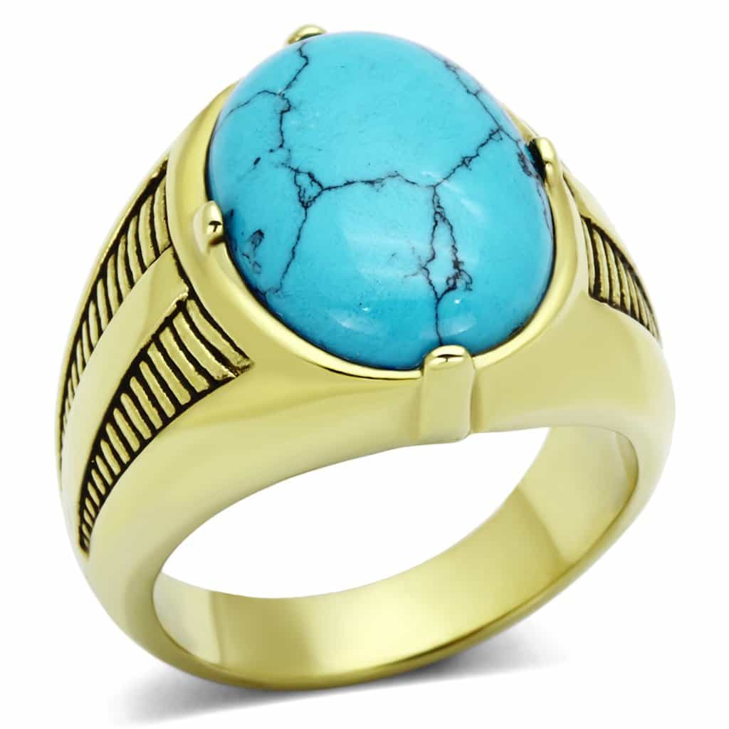 Stainless Steel Gold Turquoise Round Cabochon Mens Signet Ring view 1