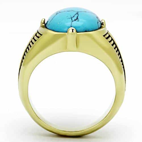 Stainless Steel Gold Turquoise Round Cabochon Mens Signet Ring view 7