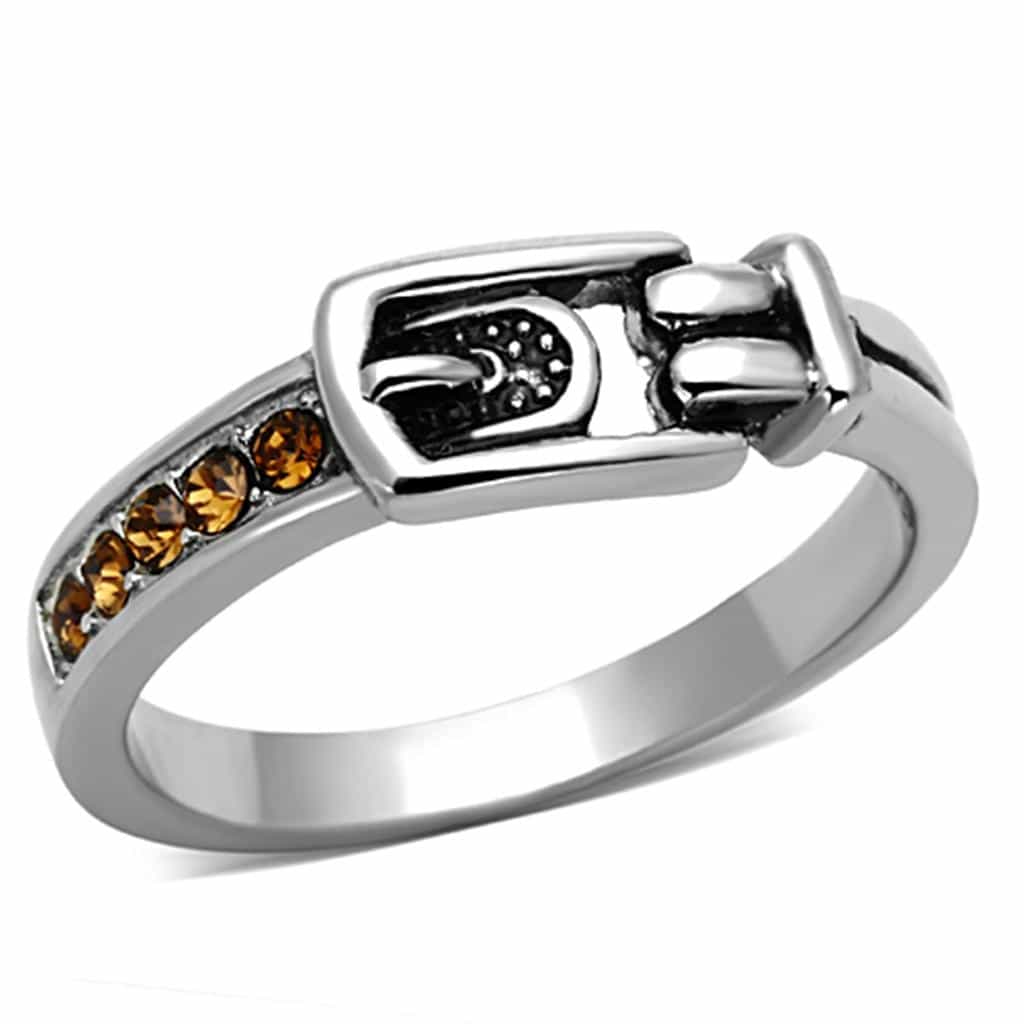 Stainless Steel Champagne Crystal Buckle Band Ring view 6