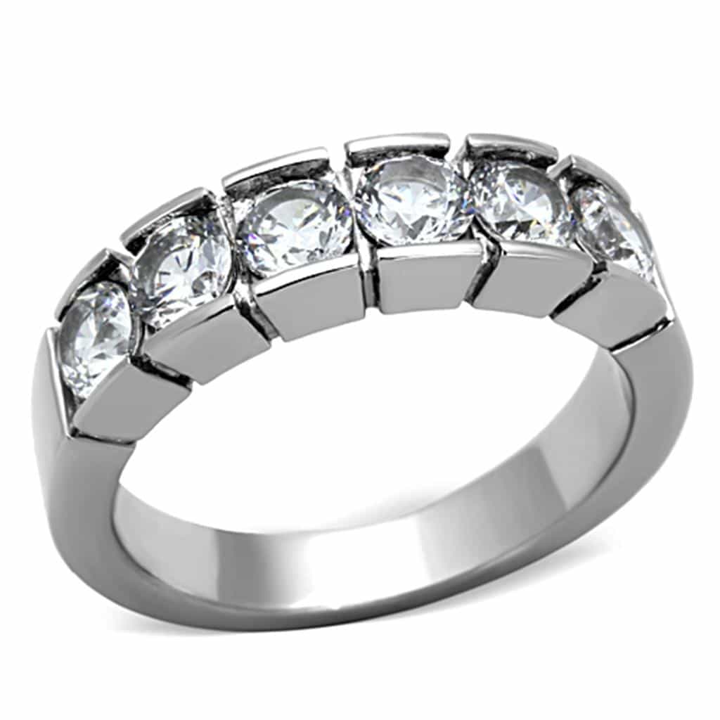 Stainless Steel CZ Round Five Stone Channel Band Ring view 1