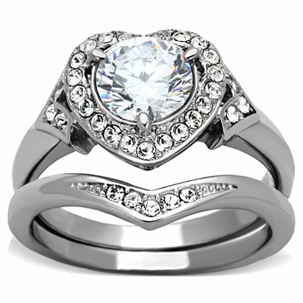 Stainless Steel CZ Heart Halo Chevron Bridal Set Ring view 1