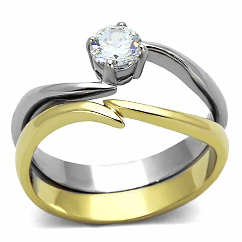 Stainless Steel Two Tone CZ Round Solitaire Bypass Bridal Ring view 1