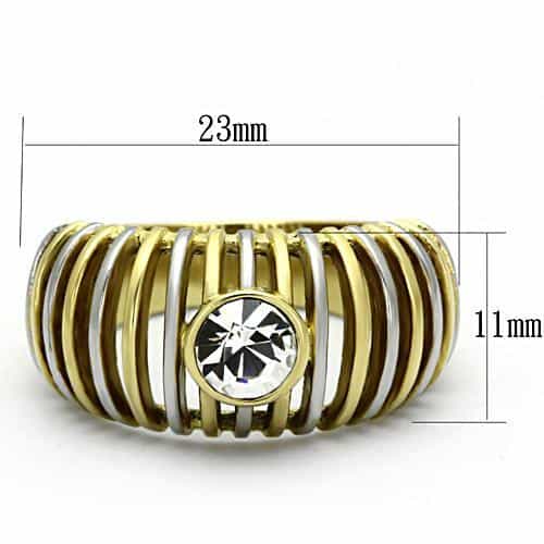 Stainless Steel Two Tone CZ Bezel Ribbed Cage Dome Ring view 6