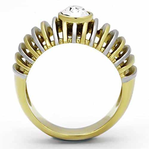 Stainless Steel Two Tone CZ Bezel Ribbed Cage Dome Ring view 7