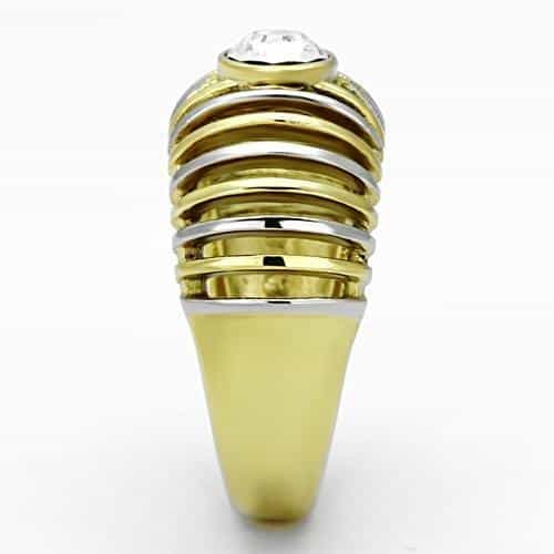 Stainless Steel Two Tone CZ Bezel Ribbed Cage Dome Ring view 4
