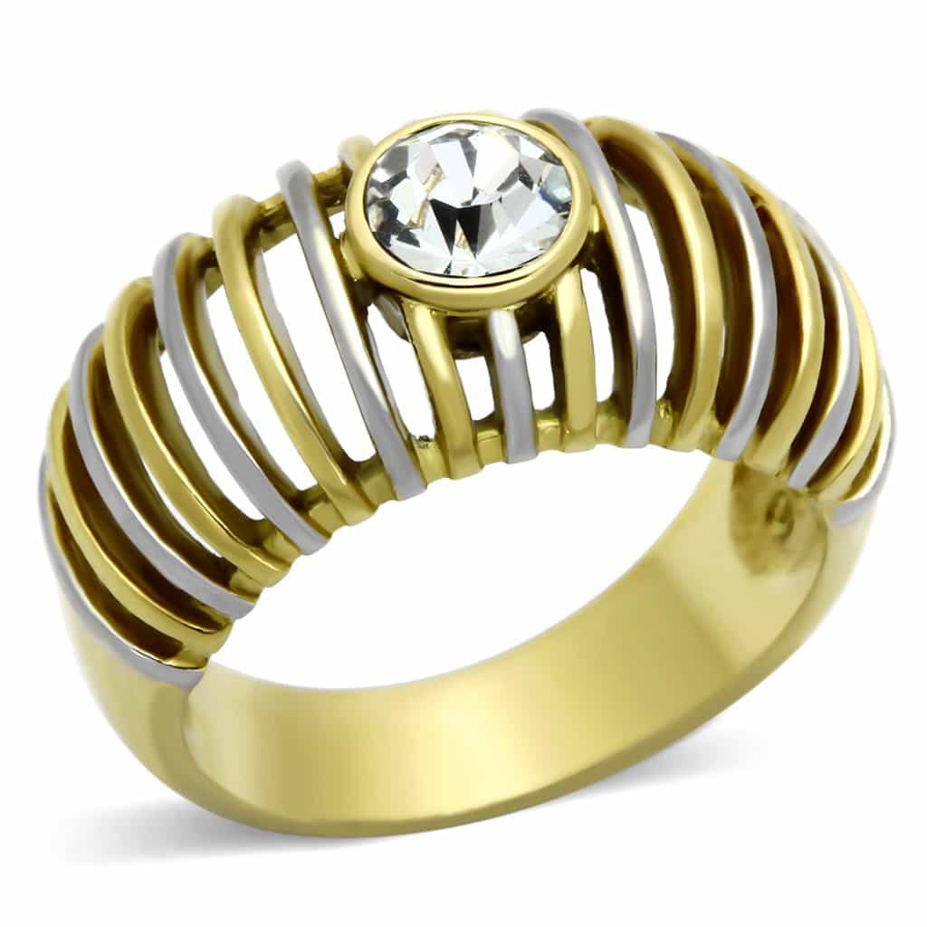 Stainless Steel Two Tone CZ Bezel Ribbed Cage Dome Ring view 1