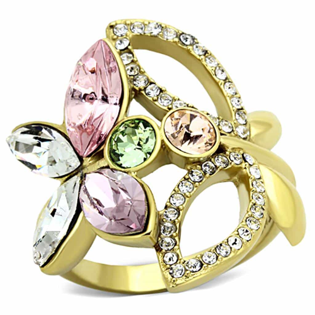 Stainless Steel Gold IP Crystal Leaf Ring | The Stainless Jewelry view 1