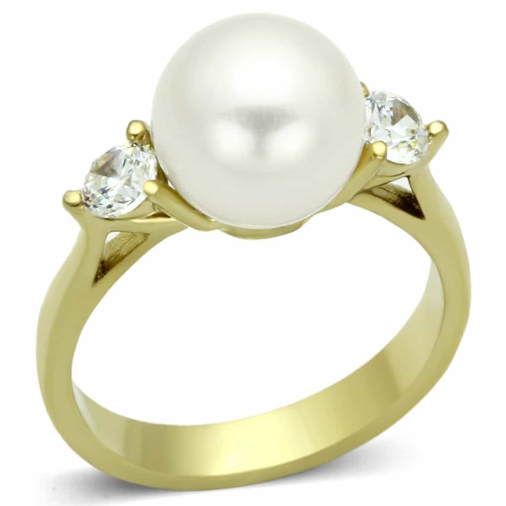 Stainless Steel White Pearl CZ Three Stone Ring view 5