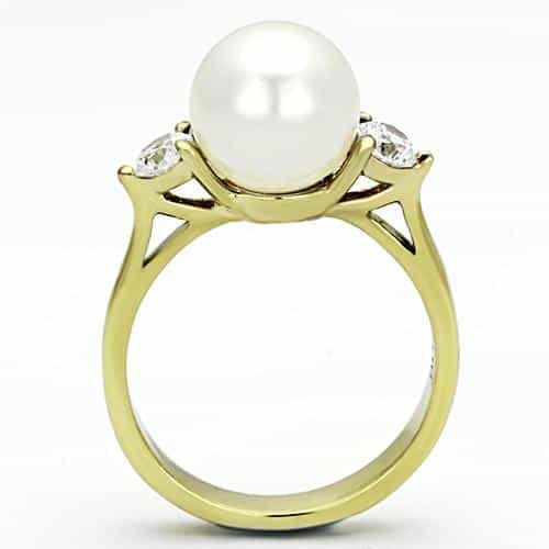 Stainless Steel White Pearl CZ Three Stone Ring view 7