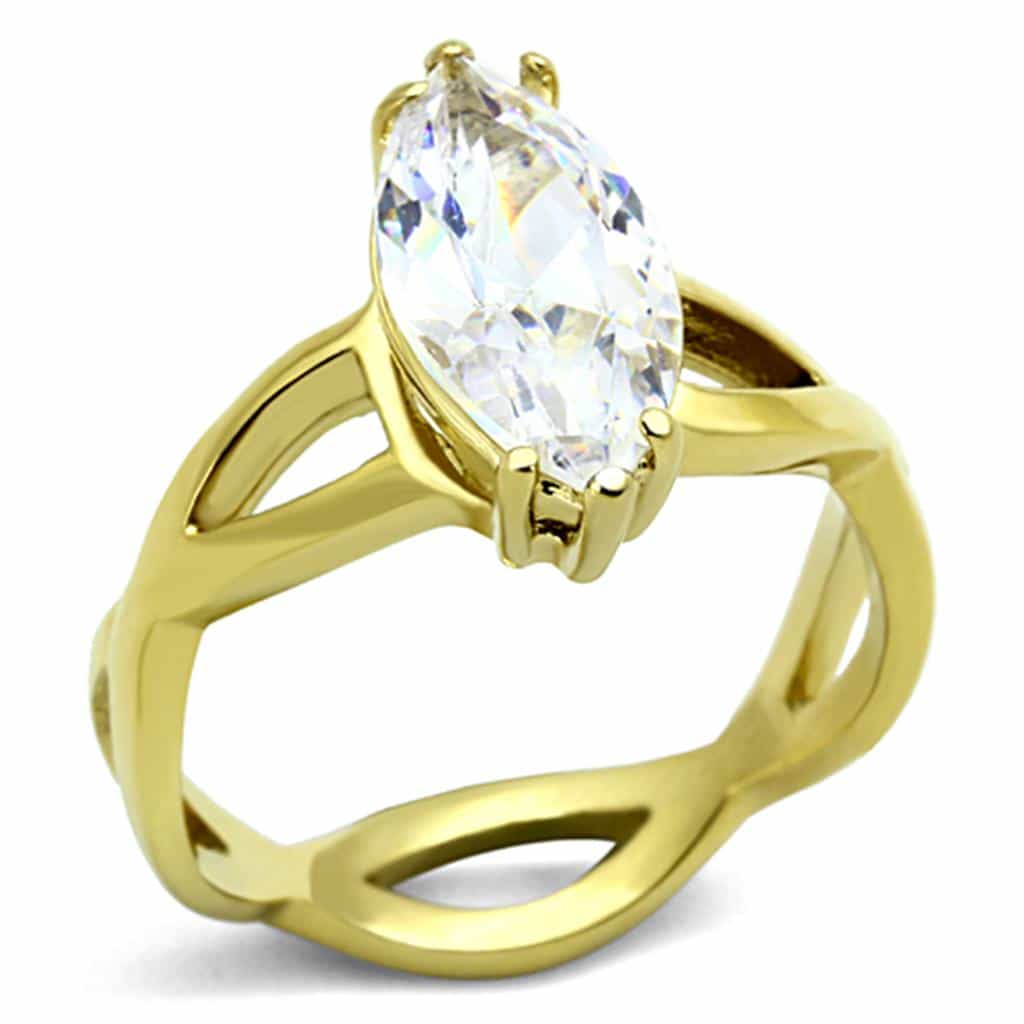 Stainless Steel Gold CZ Marquise Solitaire Open Weave Ring view 1