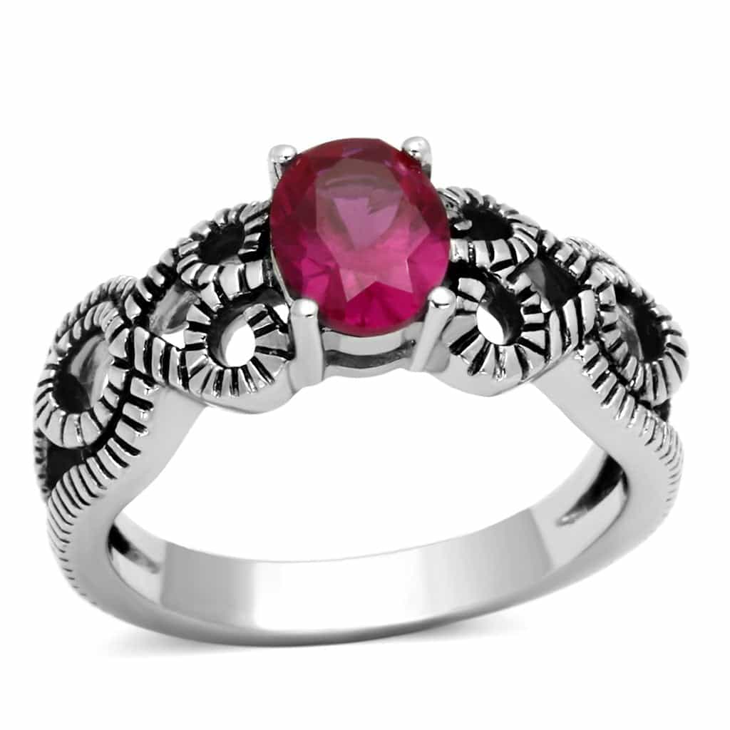 Stainless Steel Ruby Oval Antiqued Claw Setting Ring view 1