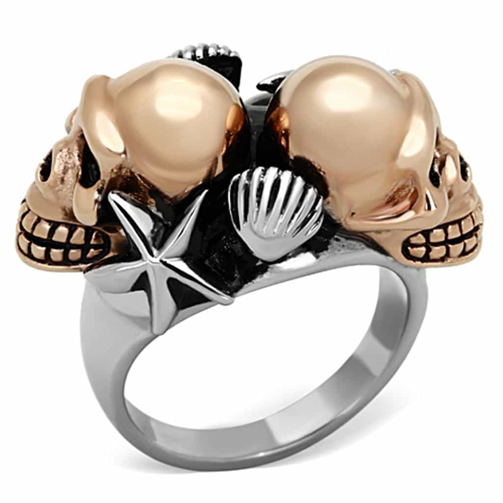 Stainless Steel Rose Gold Dual Skull Star Shell Ring view 1
