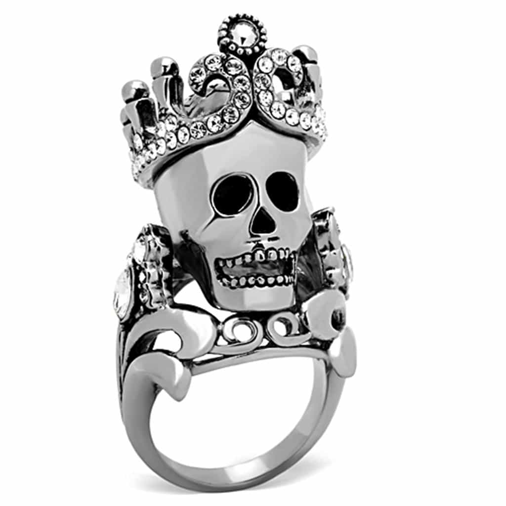Stainless Steel Skull Crown Crossbones CZ Statement Ring view 1