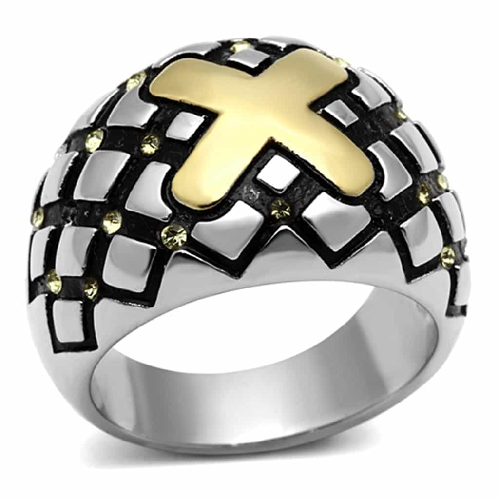 Stainless Steel Gold Cross Black Lattice Dome Ring view 1