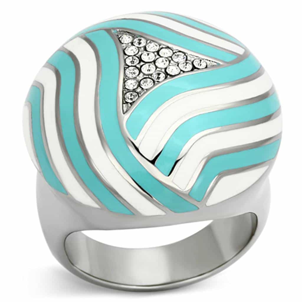 Stainless Steel Turquoise White Enamel CZ Wave Dome Ring view 5