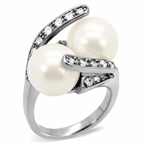 Stainless Steel Double Pearl CZ Bypass Ring view 6
