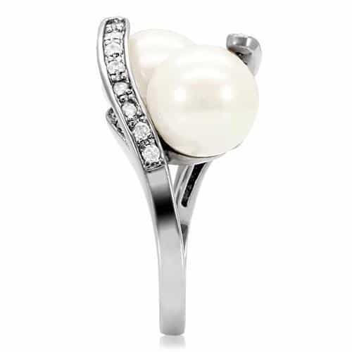 Stainless Steel Double Pearl CZ Bypass Ring view 10
