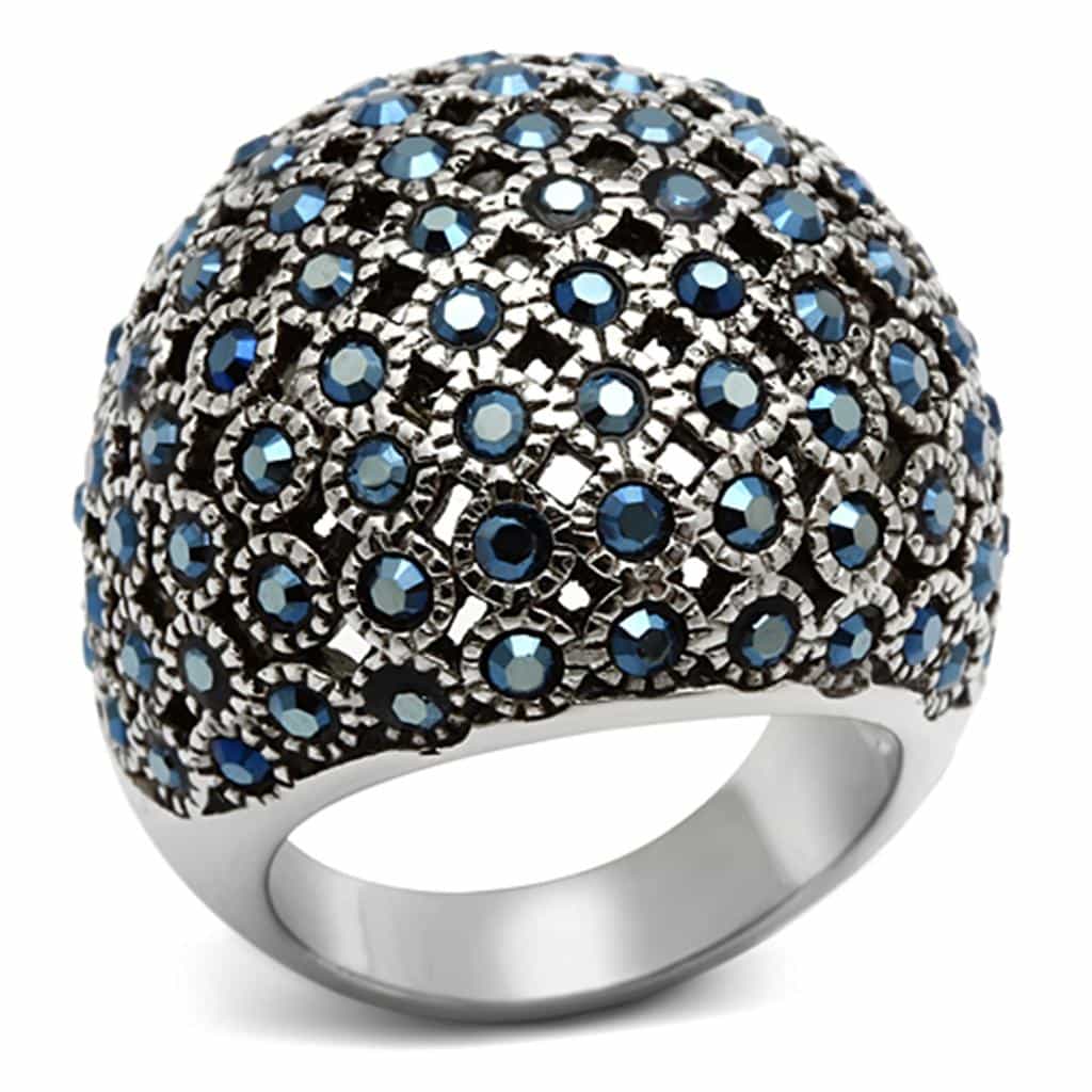 Stainless Steel Blue Multi Crystal Pave Dome Ring view 1