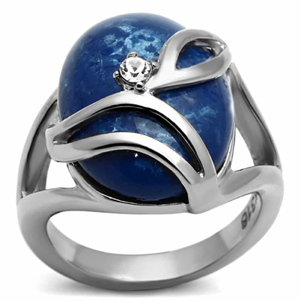 Stainless Steel Blue Cat Eye Cabochon Wire Wrap Ring view 1