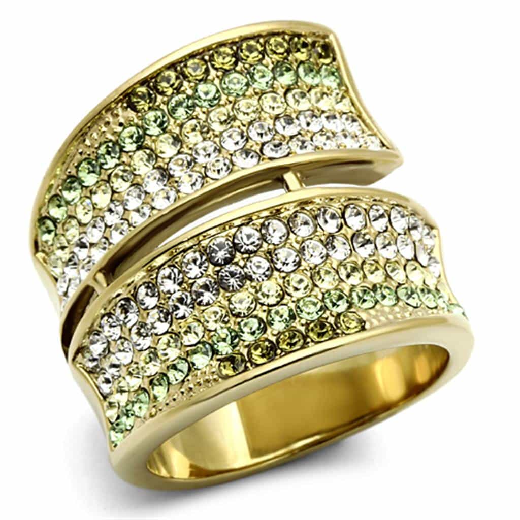 Stainless Steel Gold Green Crystal Pave Wave Wide Band Ring view 5