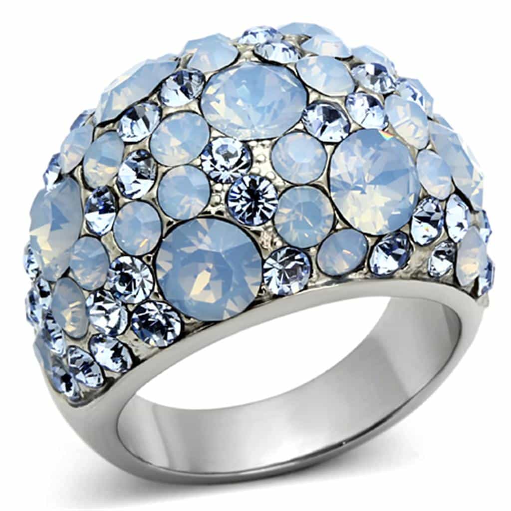 Stainless Steel Light Blue Opalescent Crystal Pave Dome Ring view 1