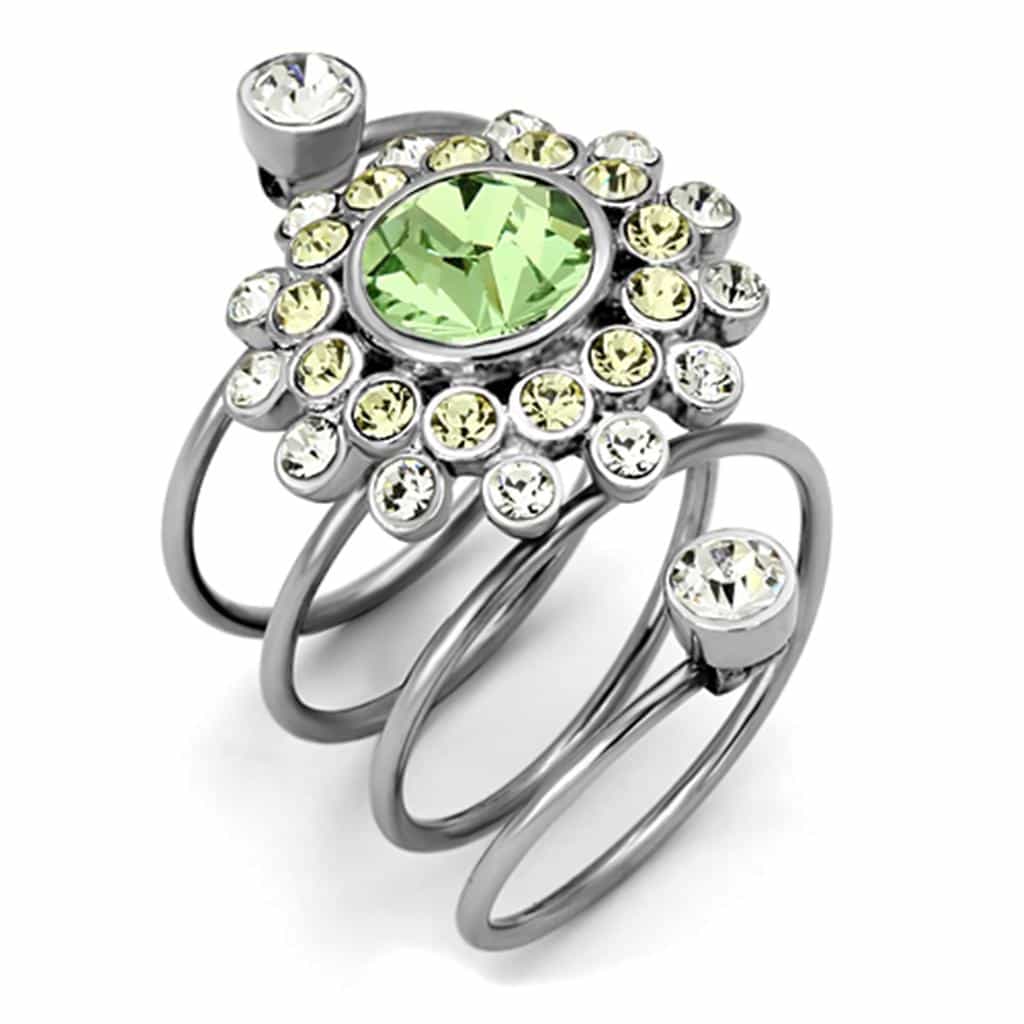 Stainless Steel Green Crystal Flower CZ Dual Band Ring view 1