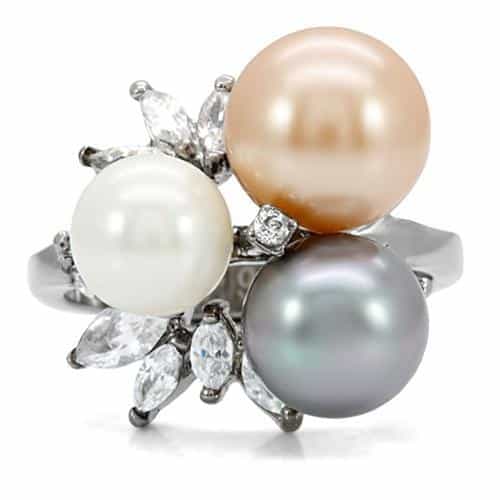 Stainless Steel Multi Color Pearl CZ Cluster Cocktail Ring view 8
