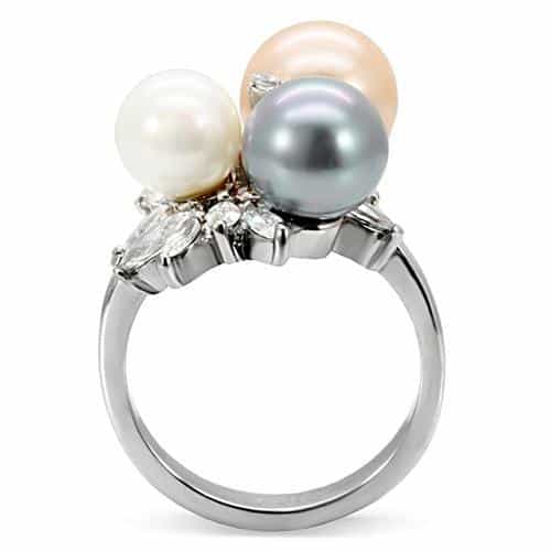 Stainless Steel Multi Color Pearl CZ Cluster Cocktail Ring view 9