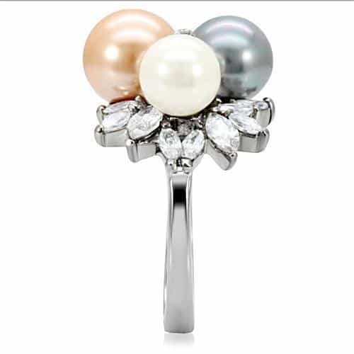 Stainless Steel Multi Color Pearl CZ Cluster Cocktail Ring view 5