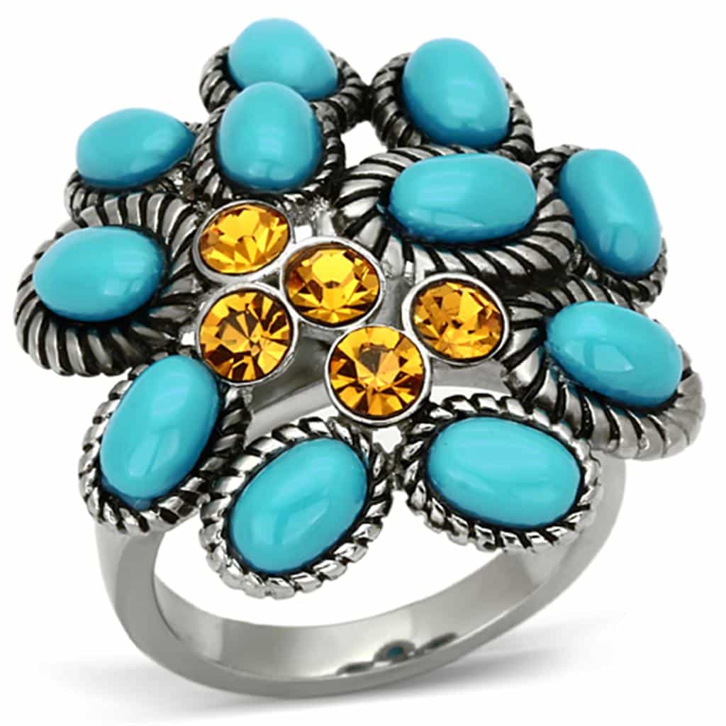 Stainless Steel Turquoise Yellow Crystal Antiqued Flower Ring view 1