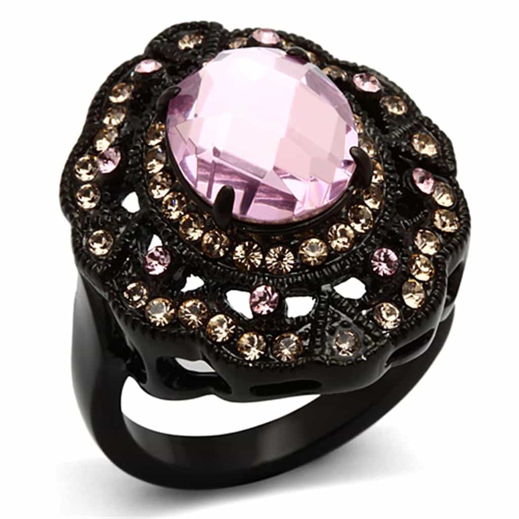 Stainless Steel Black Pink Oval Crystal Filigree Cocktail Ring view 1