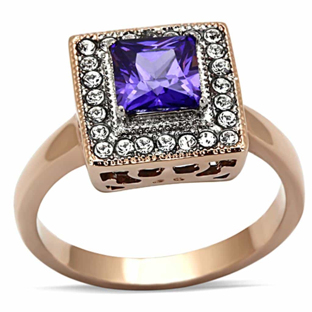 Stainless Steel Rose Gold Purple Princess CZ Halo Filigree Ring view 1
