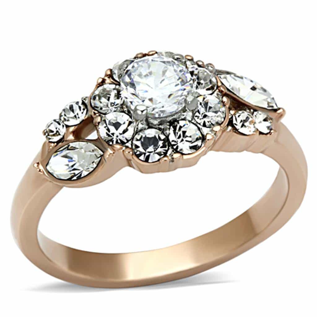 Stainless Steel Rose Gold CZ Round Marquise Cluster Ring view 1