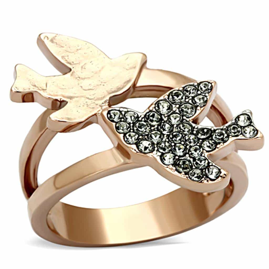Stainless Steel Rose Gold CZ Pave Butterfly Double Band Ring view 1