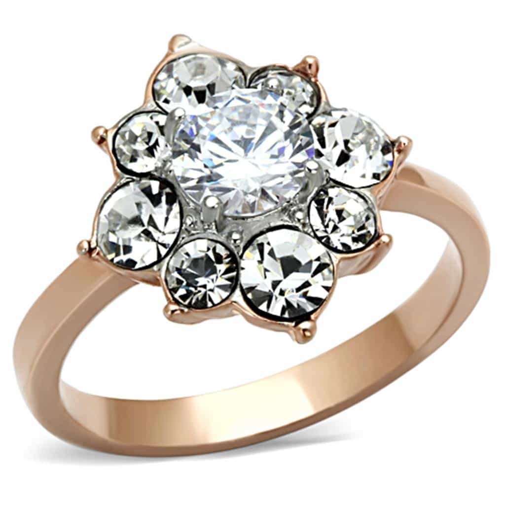 Stainless Steel Rose Gold CZ Round Flower Cluster Ring view 1