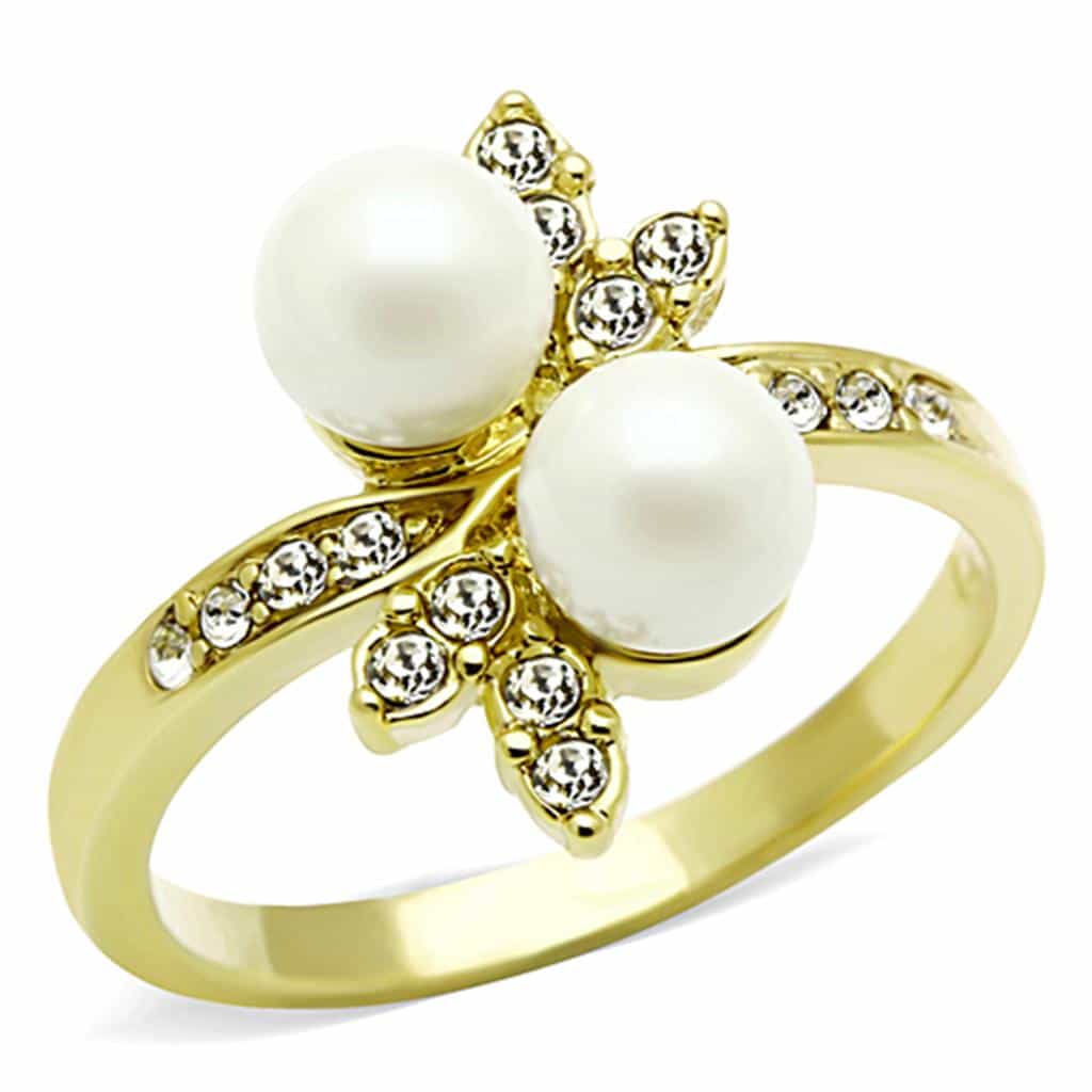 Stainless Steel Gold Pearl CZ Floral Bypass Ring view 1