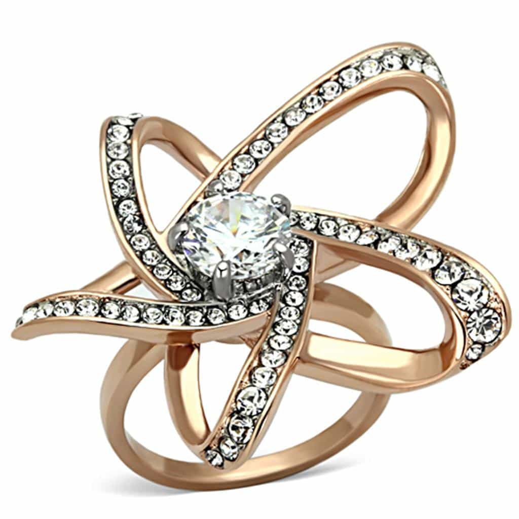Stainless Steel Rose Gold CZ Round Abstract Crossover Ring view 1
