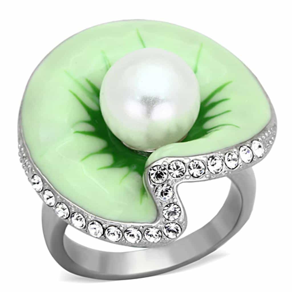 Stainless Steel Green Enamel Pearl CZ Dome Ring view 5
