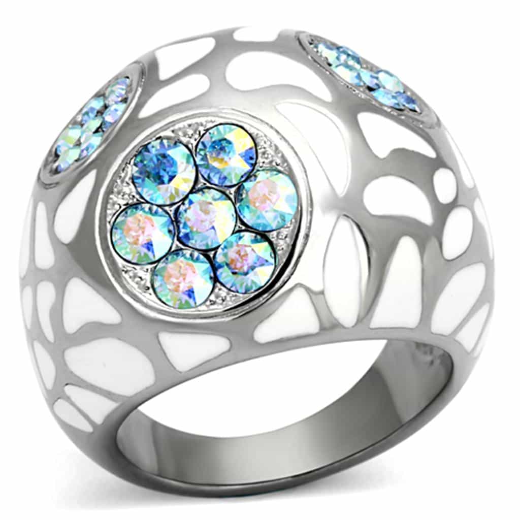 Stainless Steel Aurora Borealis Crystal Open Work Dome Ring view 5