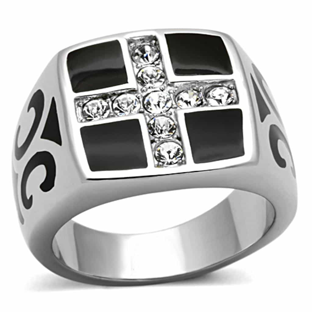 Stainless Steel Black Enamel CZ Cross Mens Signet Ring view 1