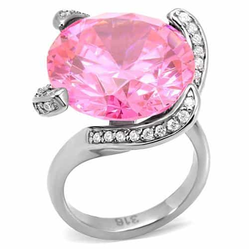 Stainless Steel Pink CZ Oversized Oval Pave Accent Ring view 1